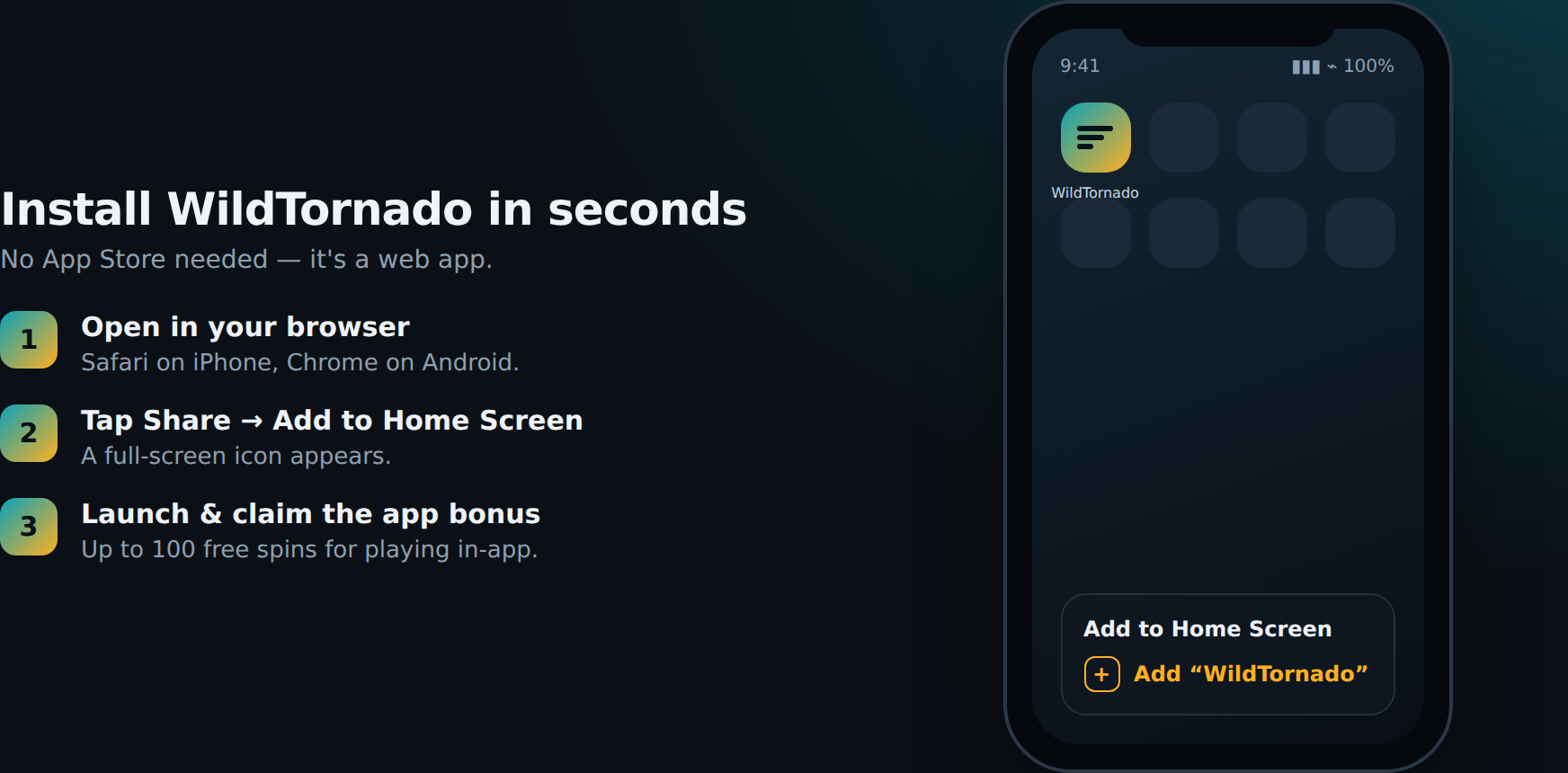 Install WildTornado Casino — add to home screen