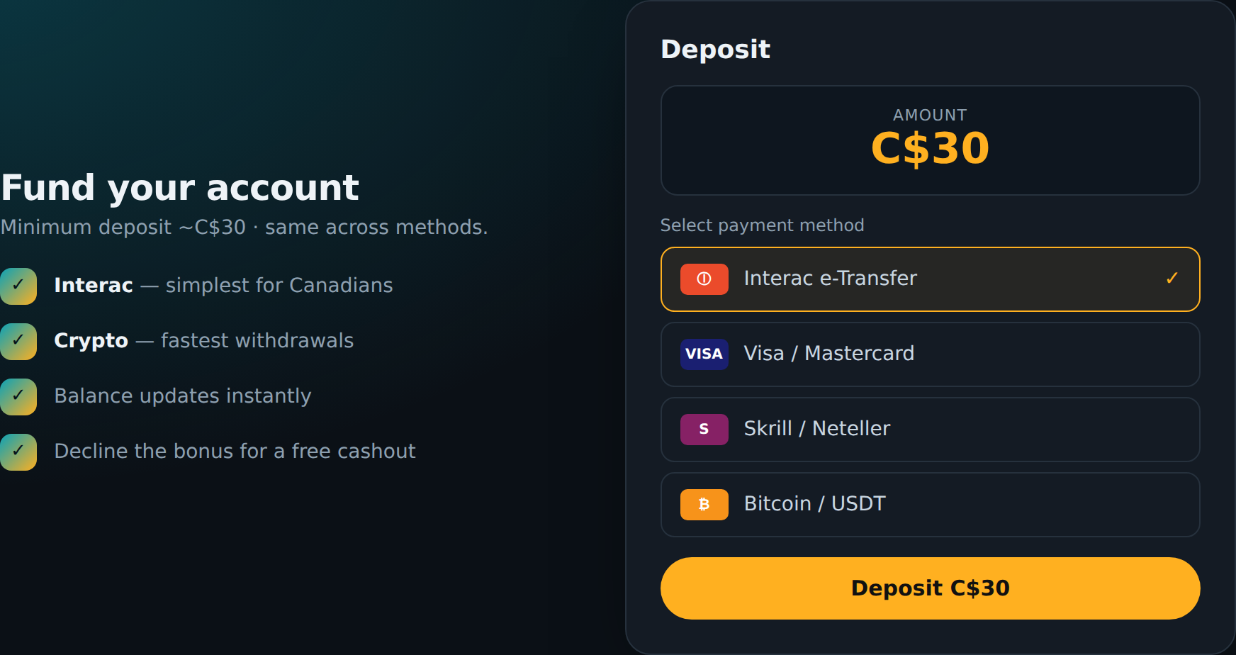 WildTornado deposit cashier — choose Interac, card or crypto